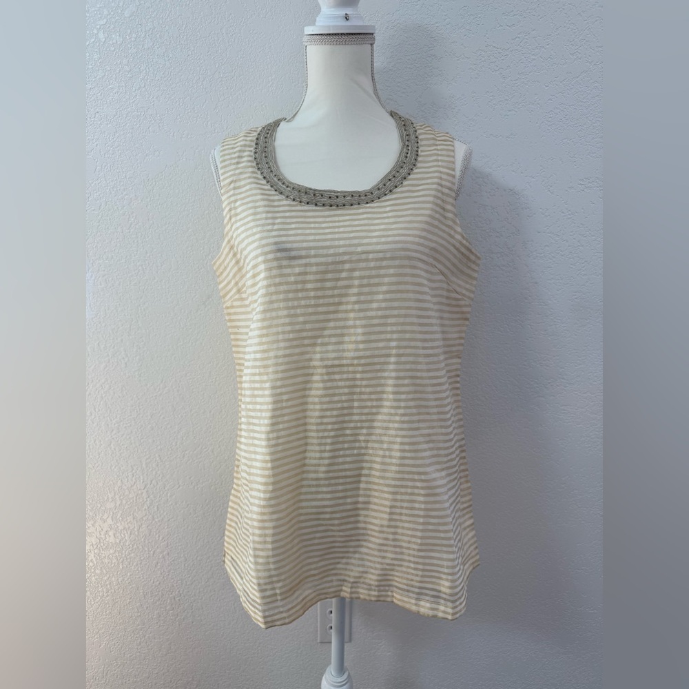 FABINDIA Silk Blend Beaded Striped Sleeveless Blouse Beige White Linen Size L